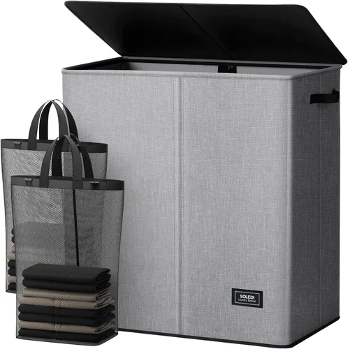Miniatura 11 de SOLEDI Cesta de lavandería de lujo doble con tapa y bolsas removibles, cesta grande para lavandería, cesta de lavandería de 2 secciones, cesta