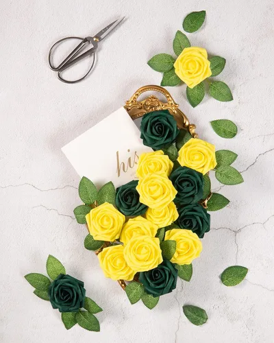 Miniatura 6 de DuHouse 25 piezas de rosas artificiales, flores falsas con tallos, de aspecto real, flores de espuma para bricolaje, ramo de novia, centro de mesa