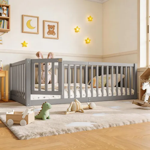 Miniatura 10 de Bellemave Cama de suelo Queen para niños, marco de cama Montessori con barandillas y puerta en forma de valla, cama Queen de madera para niños, Gris