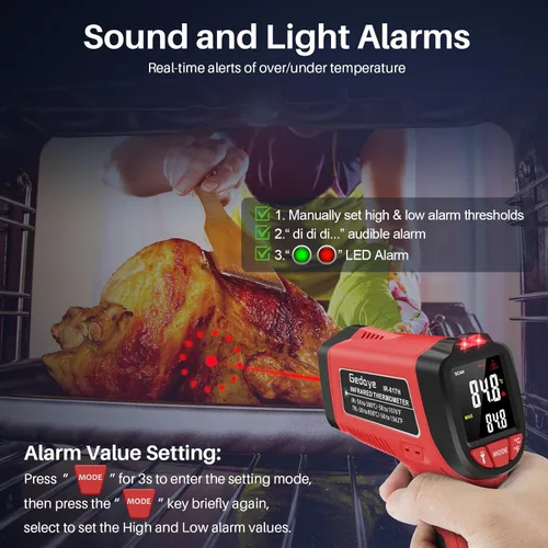 Miniatura 3 de Pistola termómetro infrarroja, temperatura láser Gedaye con puntero IR 13:1, pistola de temperatura de carne con sonda de metal, emisividad Rojo