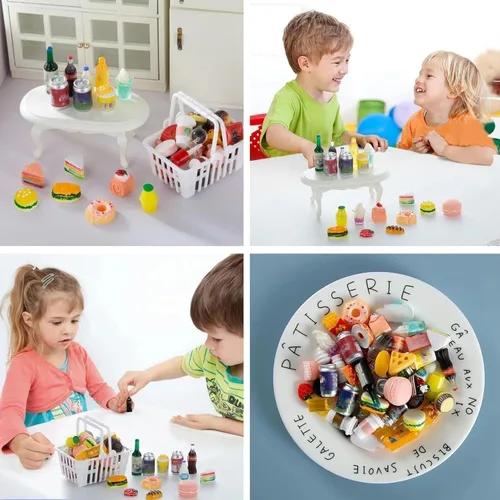 Miniatura 5 de 50 piezas de botellas en miniatura de comida y bebida, latas de refresco, accesorios de juego de cocina de simulación, juguetes de Hamburgo, pastel