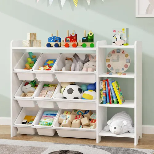Miniatura 8 de MallBest Estante organizador de almacenamiento de juguetes para niños de 4 niveles, 100% madera maciza, armario de almacenamiento para niños con 9