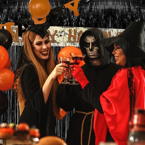 Miniatura 2 de Paquete de 2 cortinas de serpentinas negras para fiestas, telón de fondo de flecos de oropel de papel de aluminio, decoraciones para fiestas