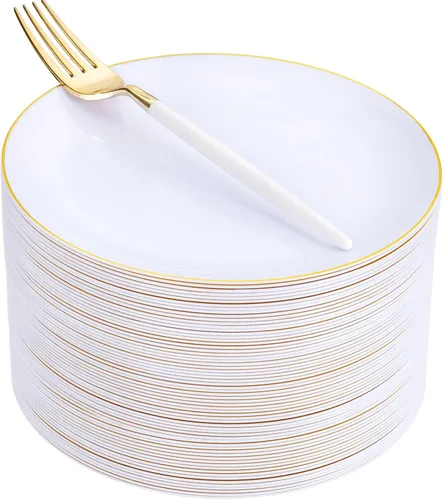 Miniatura 14 de LIYH 100 Platos de Postre de Plástico Burdeos Dorado con 100 Tenedores de Postre Dorados, Platos de Ensalada Rojos Desechables Incluye 100 Platos