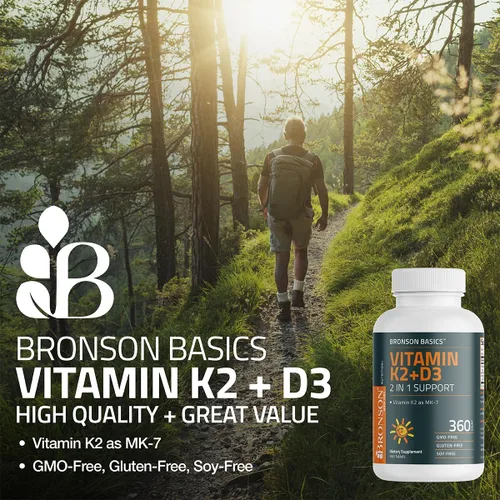 Miniatura 3 de Bronson Suplemento de vitamina K2 D3 (MK7) Fórmula sin OMG Vitamina D3 5000IU (125 mcg) y 90 mcg K2 MK-7, complejo D y K fácil de tragar, 360