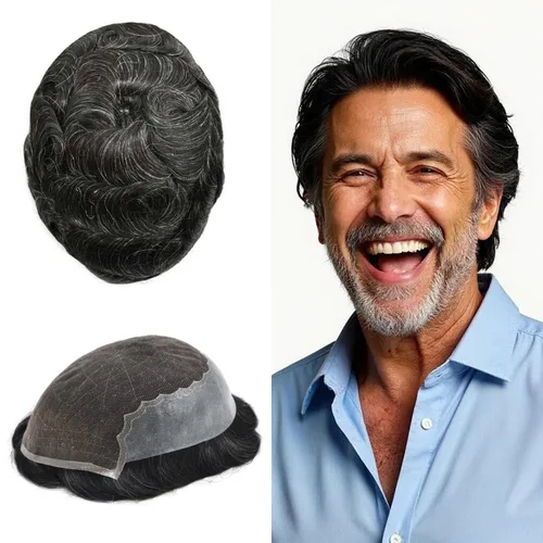 Miniatura 85 de Toupee - Sistemas de reemplazo de cabello para hombre, encaje frontal suizo, nudo blanqueado, pieza de cabello humano natural 1# negro azabache, 8 x