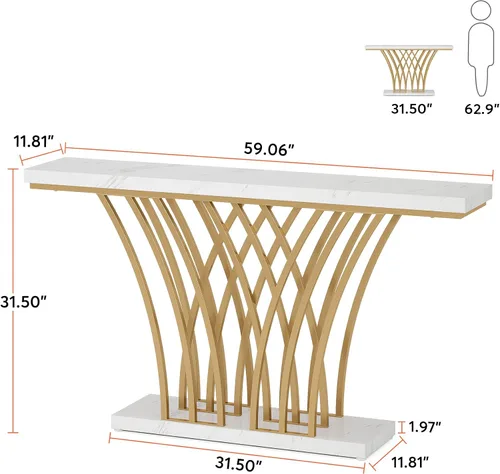 Miniatura 8 de Tribesigns - Mesa consola dorada de 59 pulgadas, mesa moderna de entrada con base de metal en forma de cuadrícula para entrada, pasillo, entrada
