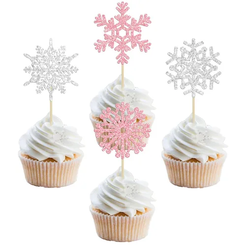Miniatura 23 de Gyufise Paquete de 24 adornos de copos de nieve Oh Baby para cupcakes con purpurina azul Frozen Oh Baby Pick Decoraciones para baby shower