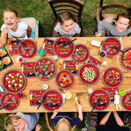 Miniatura 6 de 96 piezas de decoración temática de autos de carreras para fiesta de cumpleaños, platos y servilletas de carreras, juego de vajilla desechable