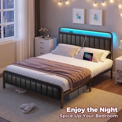 Miniatura 5 de Rolanstar Estructura de cama tamaño completo con luz LED y estación de carga, cabecera y pie de cama tapizados, listones de metal, sin ruido, fácil