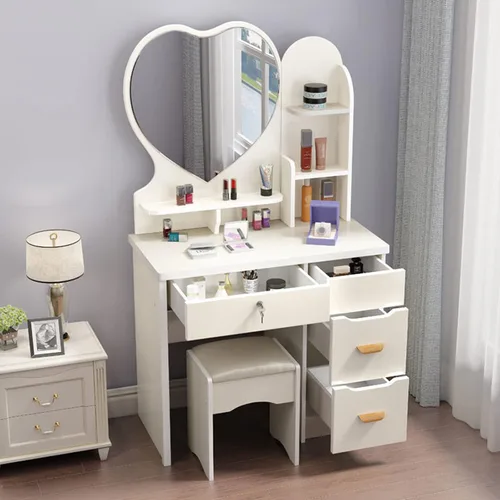Miniatura 16 de QQXX Juego de tocador grande con espejo, tocador de maquillaje con estantes de almacenamiento y 4 cajones, taburete acolchado para dormitorio