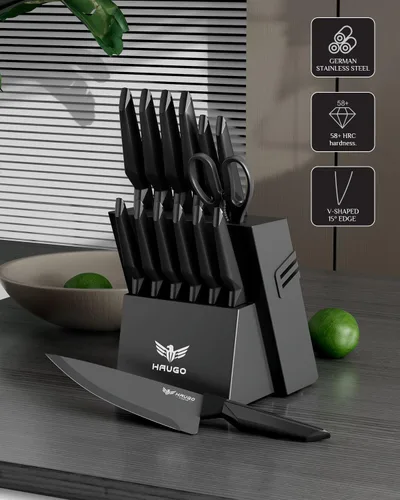 Miniatura 3 de Juego de cuchillos de cocina con bloque: 15 cuchillos profesionales de acero inoxidable de alto carbono, agarre cómodo que reduce la fatiga