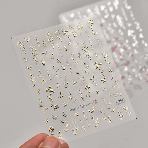 Miniatura 7 de 3 hojas de calcomanías de arte de uñas de hojas de bambú de sauce estilo chino 5D, calcomanías autoadhesivas doradas y plateadas para mujeres