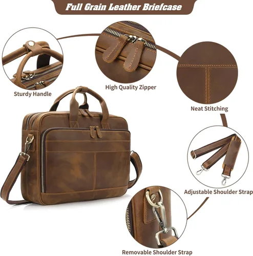 Miniatura 5 de Jack&Chris Full Grain Leather Briefcase for Men, Business Messenger Bag Laptop Bag Attache Case, Fits 15.6 Inch Laptop