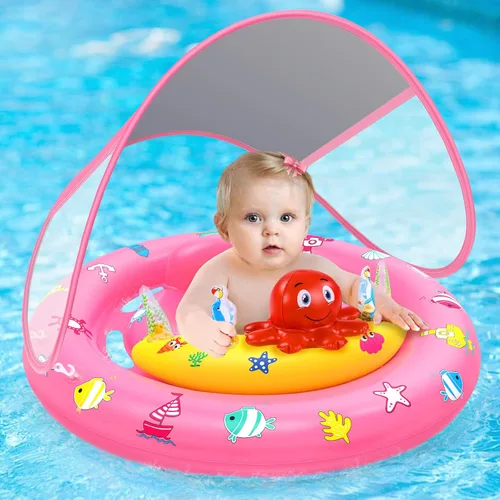Flotador de piscina para bebé con toldo, flotador inflable de natación para bebés con protección solar UPF50+, flotador de piscina infantil con Rosa