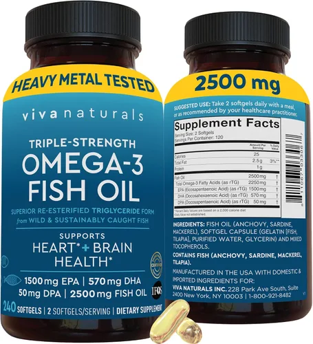 Miniatura 13 de Viva Naturals Aceite de Pescado Omega-3, Triple Fuerza, 2500 mg, 30 Cápsulas Blandas – Ácidos Grasos Omega 3 Re-Esterificados Incluyendo EPA, DHA
