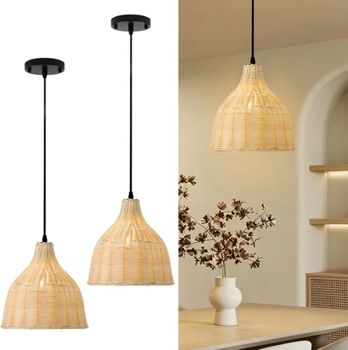 Miniatura 8 de 1 lámpara colgante de bambú tejida a mano, estilo bohemio, elegante, cordón ajustable, ratán de bambú, lámpara colgante de techo para comedor, bar
