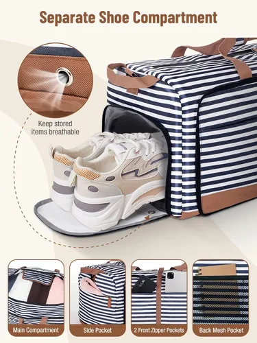 Miniatura 4 de Lekesky Bolsa de viaje plegable para mujer, bolsa de lona grande de 80 litros con compartimentos separados para zapatos y correas, bolsa de mano