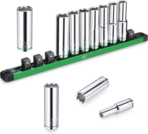 SK Juego de llaves de 1/2 pulgada, dados métricos profundos, 11 piezas de 10-20 mm, acabado SuperKrome, construcción premium CR-V, con organizador