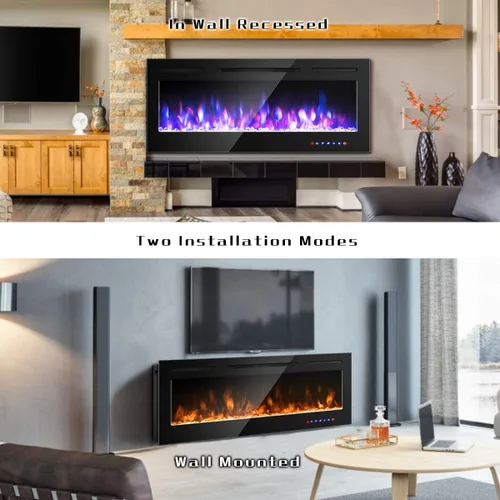 Miniatura 3 de COSTWAY Chimenea eléctrica de 50 pulgadas, 750 W/1500 W empotrada en pared y montaje con control remoto, 9 colores de llama, 5 ajustes de brillo