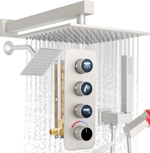 Miniatura 22 de Enga Sistema de cabezal de ducha doble, cabezal de ducha LED de lluvia de 14 x 20 pulgadas con cabezal de pared de 6 pulgadas, juego de grifo de Oro