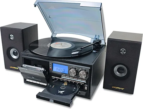 LoopTone Reproductor de Discos de Vinilo con Altavoces Externos Duales de 15W 10 en 1 Giradiscos Vintage con Bluetooth de 3 Velocidades, Reproductor