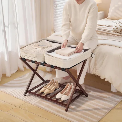 Miniatura 5 de HOOBRO Portaequipajes, soporte plegable para equipaje, soporte de maleta de bambú para habitación de invitados, con estante de soporte de correa