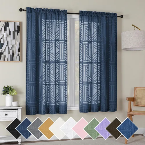 Miniatura 57 de Simplebrand Cortinas traslúcidas negras de cocina de 24 pulgadas de largo, 2 paneles, filtrado de luz, geométrico jacquard con textura, cortinas