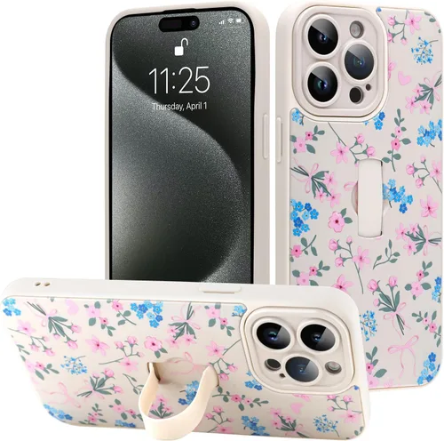 Miniatura 73 de Funda diseñada para iPhone 17 Pro Max con soporte plegable y correa para dedos, bonito patrón de lazo de corazón de flor rosa para mujeres y niñas