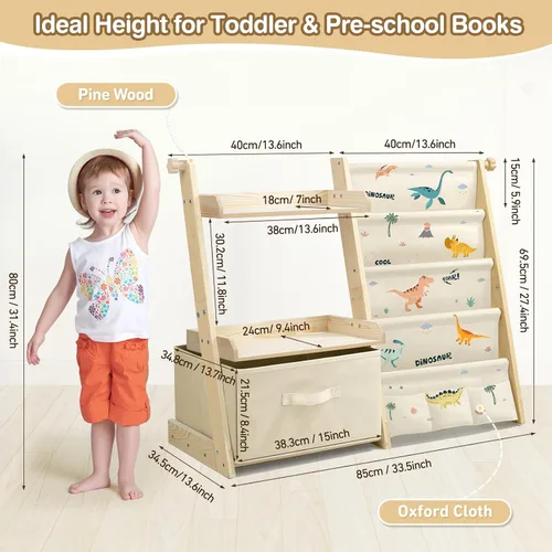 Miniatura 3 de Estantería para niños y organizador de juguetes 2 en 1, estante para libros para habitaciones de niños con cubo de juguetes móvil, estante de 4