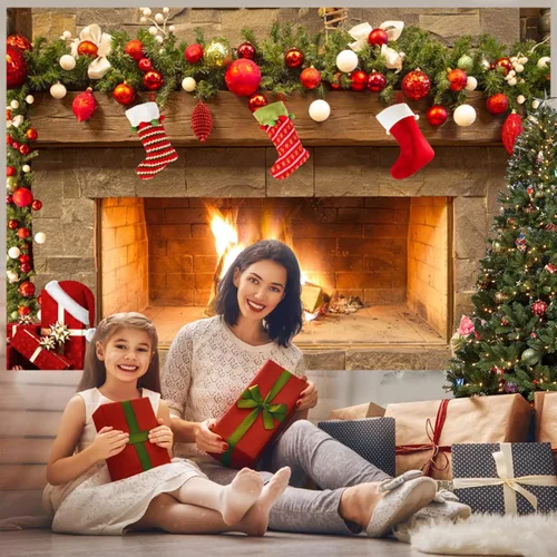 Miniatura 4 de Mocsicka Telón de fondo temático de chimenea navideña para fotografía, árbol de Navidad, calcetín, regalo, decoraciones para fiestas familiares