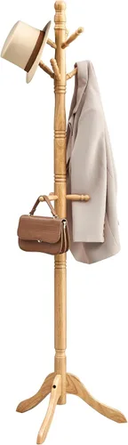 VASAGLE Perchero de madera maciza y soporte, árbol de pasillo independiente con 10 ganchos para sombreros, bolsos, carteras, para entrada, pasillo,
