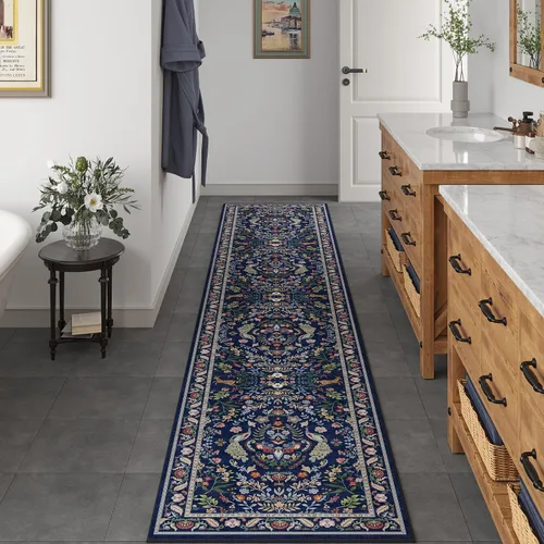 Miniatura 5 de Rugcomf Tapete de pasillo, lavable, de cocina, 2 x 10 pies, para entrada, interior, floral, antideslizante, suave, lavandería, dormitorio, baño, azul