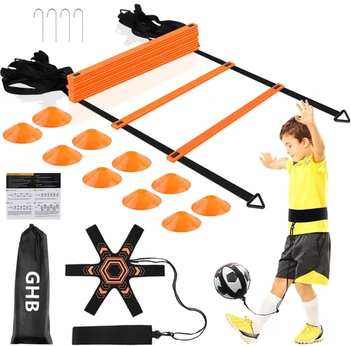GHB Pro Agility Ladder Soccer Kick Trainer Set 20ft 12 Rung 10 Cones and 4 Stakes Speed Agility Football Training Equipment with Carrying Bag