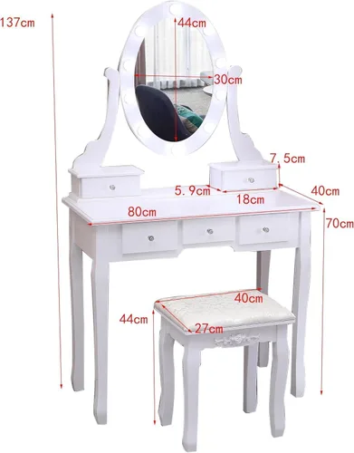 Miniatura 7 de Escritorio de tocador con espejo y luces – Tocador de maquillaje de madera, espejo ovalado y taburete, 3 modos de iluminación, 5 cajones grandes