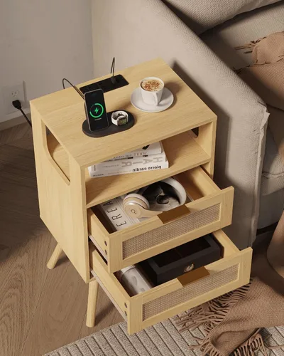 Miniatura 4 de Veegle - Mesita de noche de ratán con estación de carga, mesa de noche moderna con 2 cajones de almacenamiento y estante de madera abierta