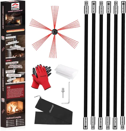 Miniatura 9 de Kit de limpieza de chimeneas de 16 pies, kit de limpieza de chimenea con 5 varillas de chimenea flexibles de nailon negro, sistema de limpieza