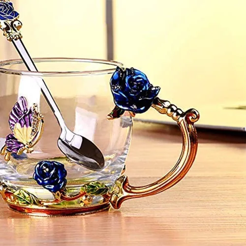 Miniatura 7 de Taza de té, regalos del día de la madre, tazas de café, tazas de café de cristal, tazas de té, hechas a mano, mariposa rosa, 12 onzas (azul) ideal