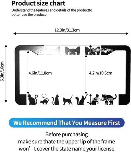 Miniatura 2 de Black White Cat License Plate Frame 2 Pack Cute Animal Cat Pattern Car Tag Holder with Screws Caps Aluminum Metal 12.3 x 6.3 Inch 2 Holes Design