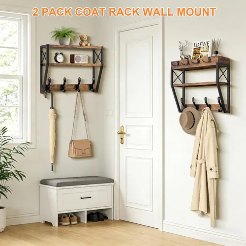 Miniatura 5 de Perchero grande mejorado de 3 niveles con estante, soporte de pared versátil 4 en 1 para colgar abrigos y llaves, estante de pared de entrada de 32