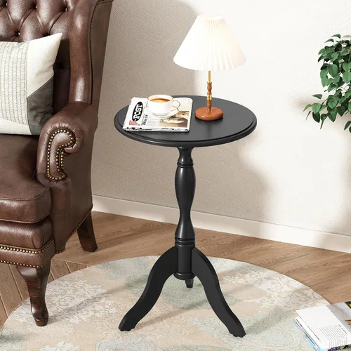 Miniatura 4 de HLR Mesa auxiliar redonda pequeña, mesas auxiliares laterales con pedestal de madera, mesita de noche vintage para sala de estar, dormitorio, Negro