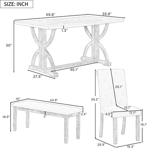 Miniatura 4 de Juego de mesa de comedor de 6 piezas estilo granja, mesa rectangular con soporte y 4 sillas tapizadas y banco, juego de muebles de cocina