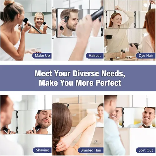 Miniatura 5 de Dripex Espejo de 3 vías para hombres o mujeres, espejo de 360° triple para corte de pelo automático con ganchos ajustables en altura