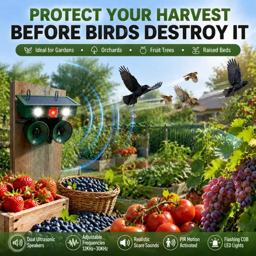 Miniatura 3 de Dispositivos solares repelentes de pájaros 2026 para exteriores con altavoces duales, disuasorio de palomas para balcón, patio, piscina, jardín