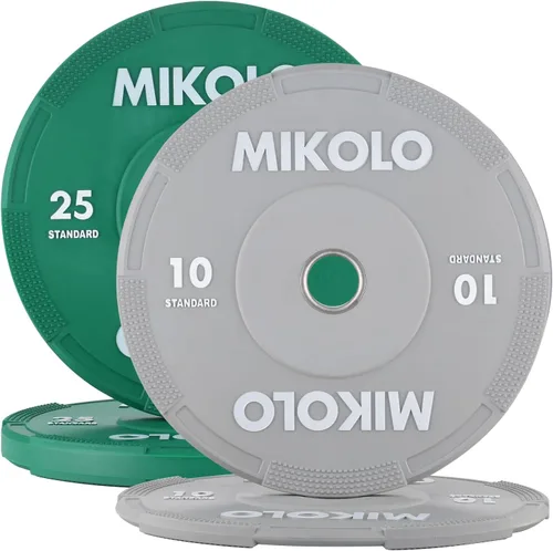 Miniatura 13 de Mikolo Juego de placas olímpicas para parachoques, 100% de goma de baja densidad y rebote con inserciones de acero, placas de barra silenciosas