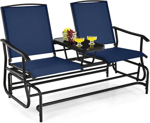 Miniatura 12 de Tangkula Silla mecedora para 2 personas, sofá biplaza mecedora para patio con mesa central de vidrio templado, banco de columpio para exteriores
