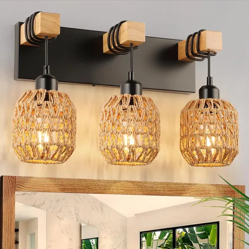 Miniatura 10 de Apliques de pared enchufables juego de dos, iluminación de pared estilo granja, lámpara de tocador negra para baño con pantalla de jaula metálica