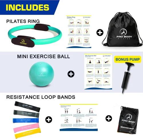 Miniatura 3 de ProBody Pilates Juego de anillos con anillo de círculo mágico de 14 pulgadas, pelota de ejercicio de 9 pulgadas, 5 bandas de resistencia, bomba