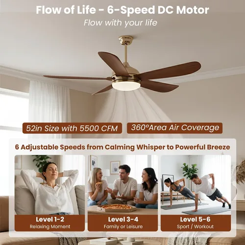 Miniatura 7 de Ventilador de techo de 52 pulgadas con luces y control remoto, moderno ventilador de techo de madera con motor de CC silencioso, 5 cuchillas