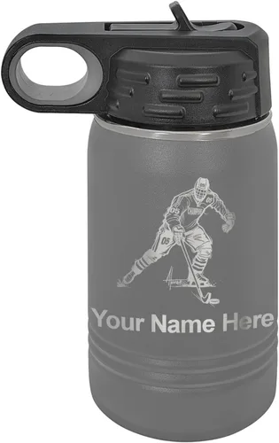 Miniatura 71 de LaserGram Botella de agua personalizada, jugador de hockey, acero inoxidable de doble pared aislada al vacío con popote superior, regalo grabado